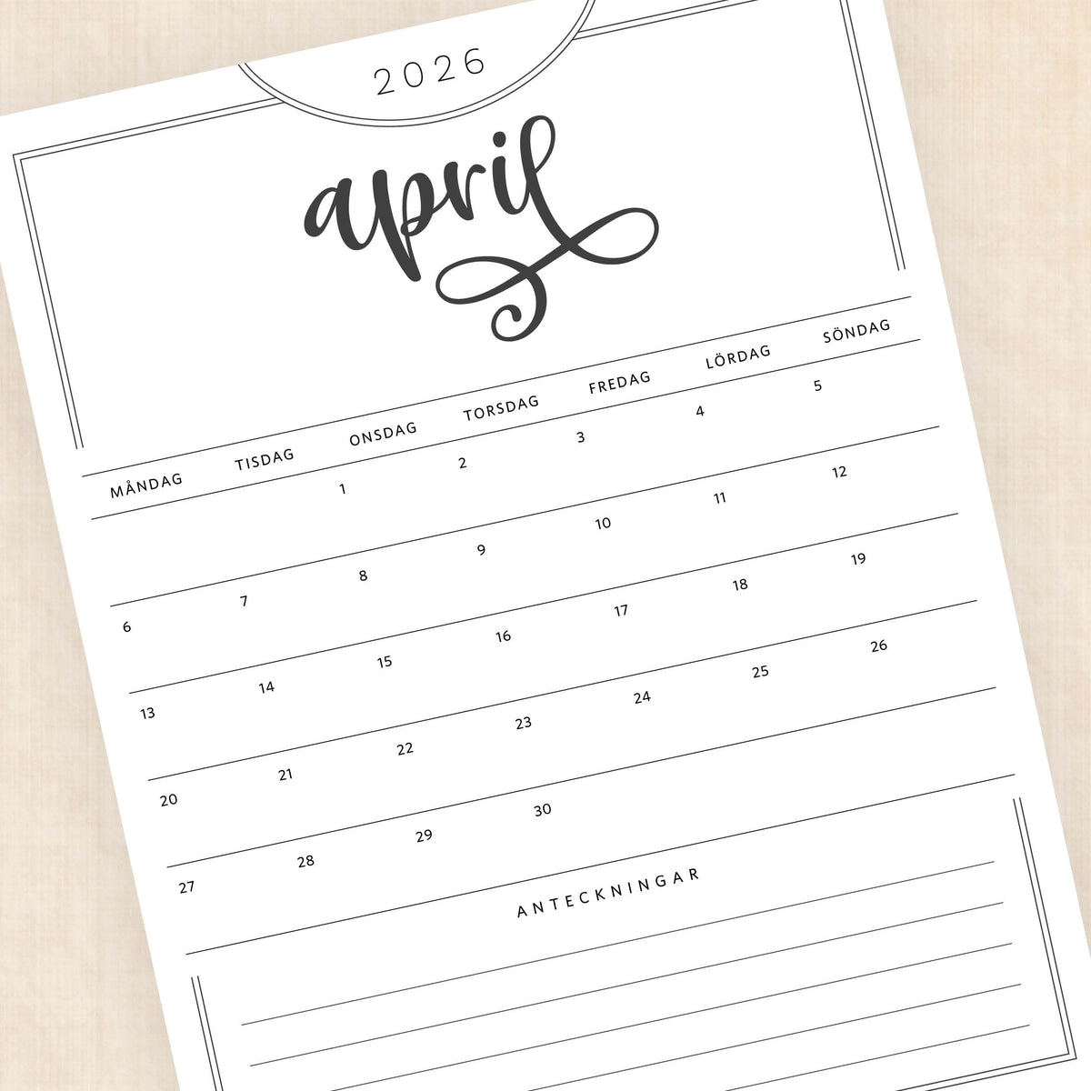 Kalender 2026 att skriva ut