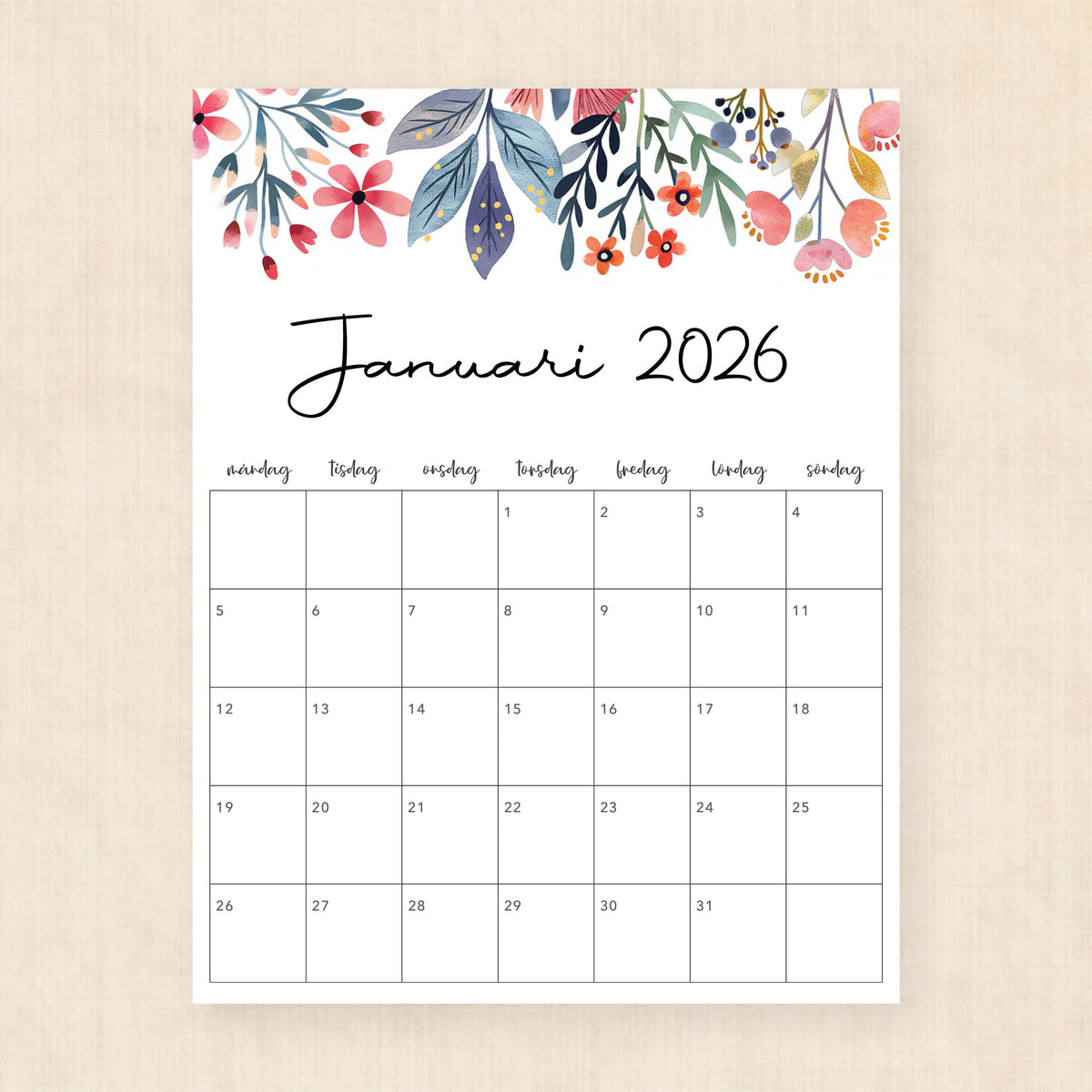 Kalender 2026 att skriva ut