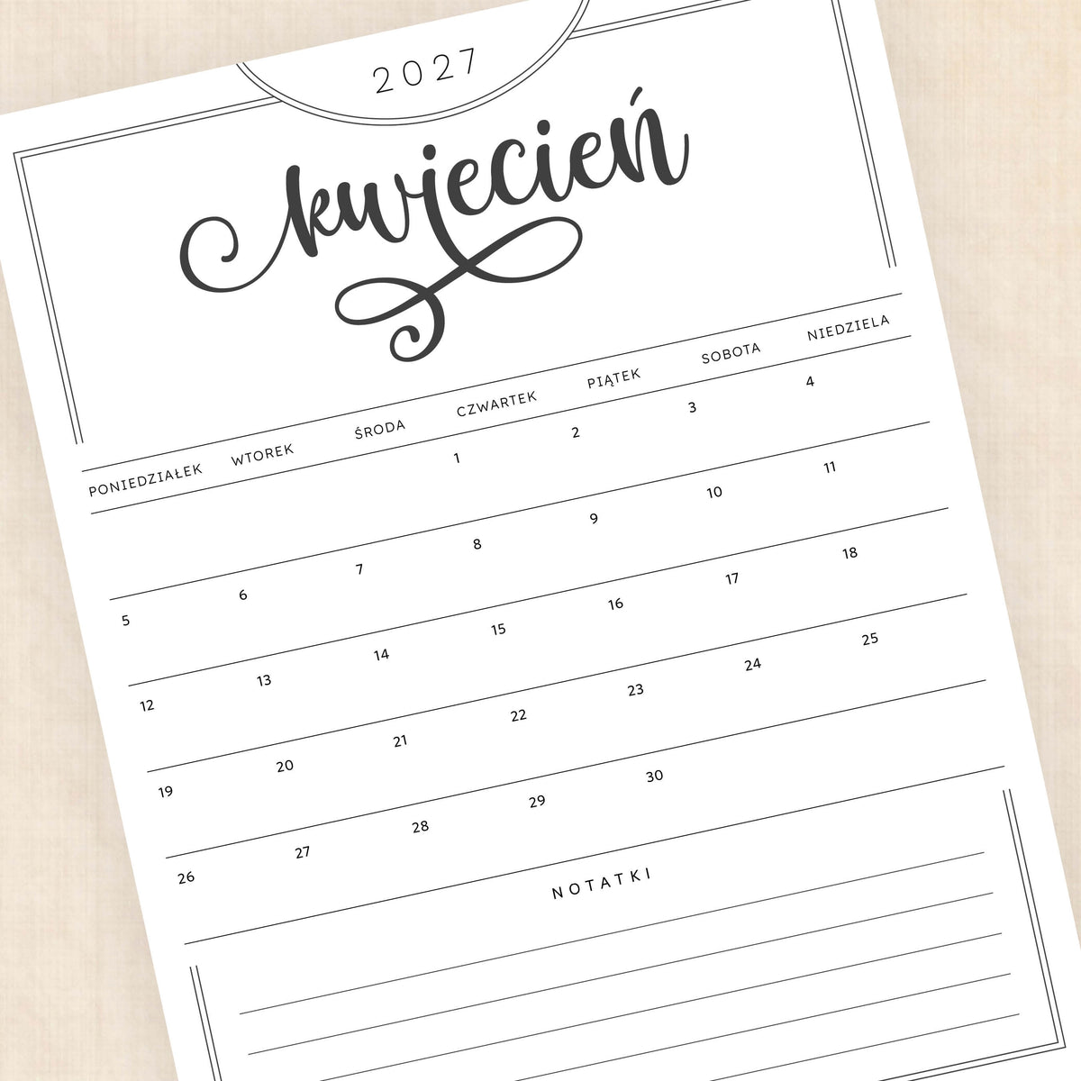 Kalendarz 2027 do druku