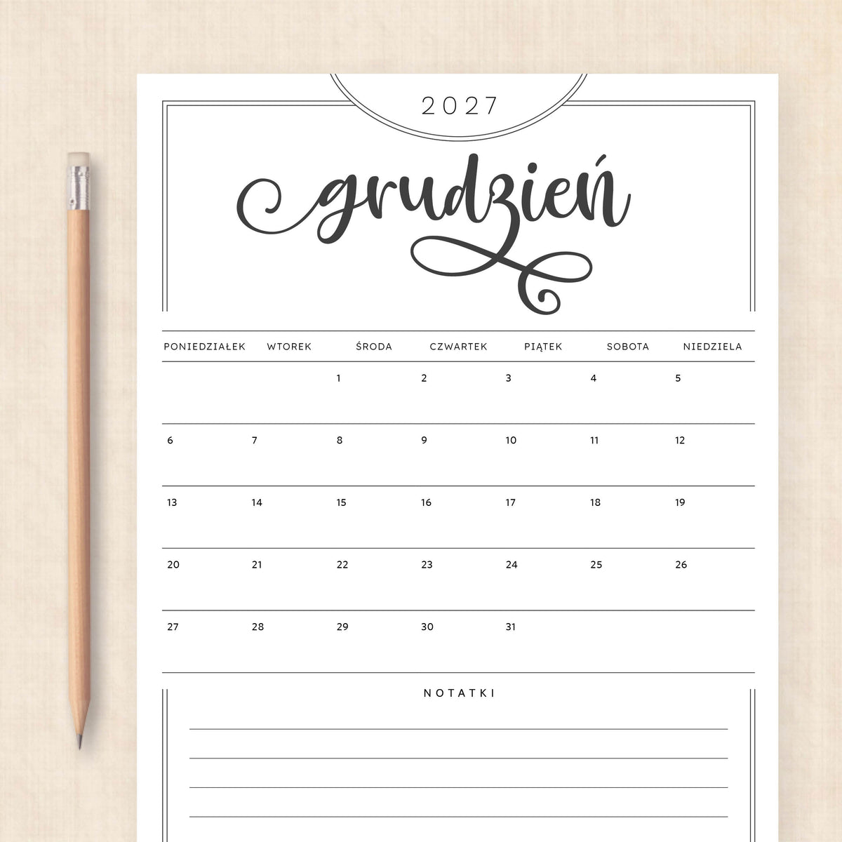 Kalendarz 2027 do druku