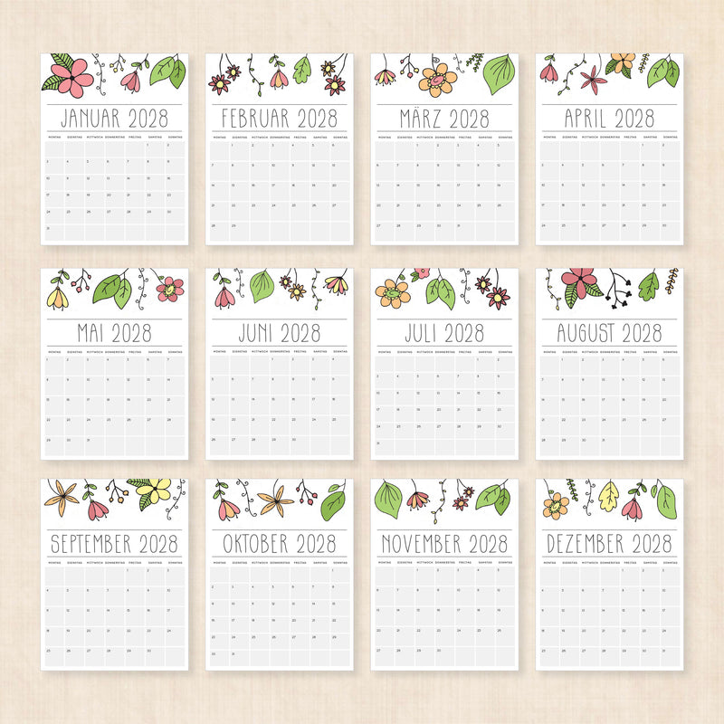 Kalender 2028 zum Ausdrucken