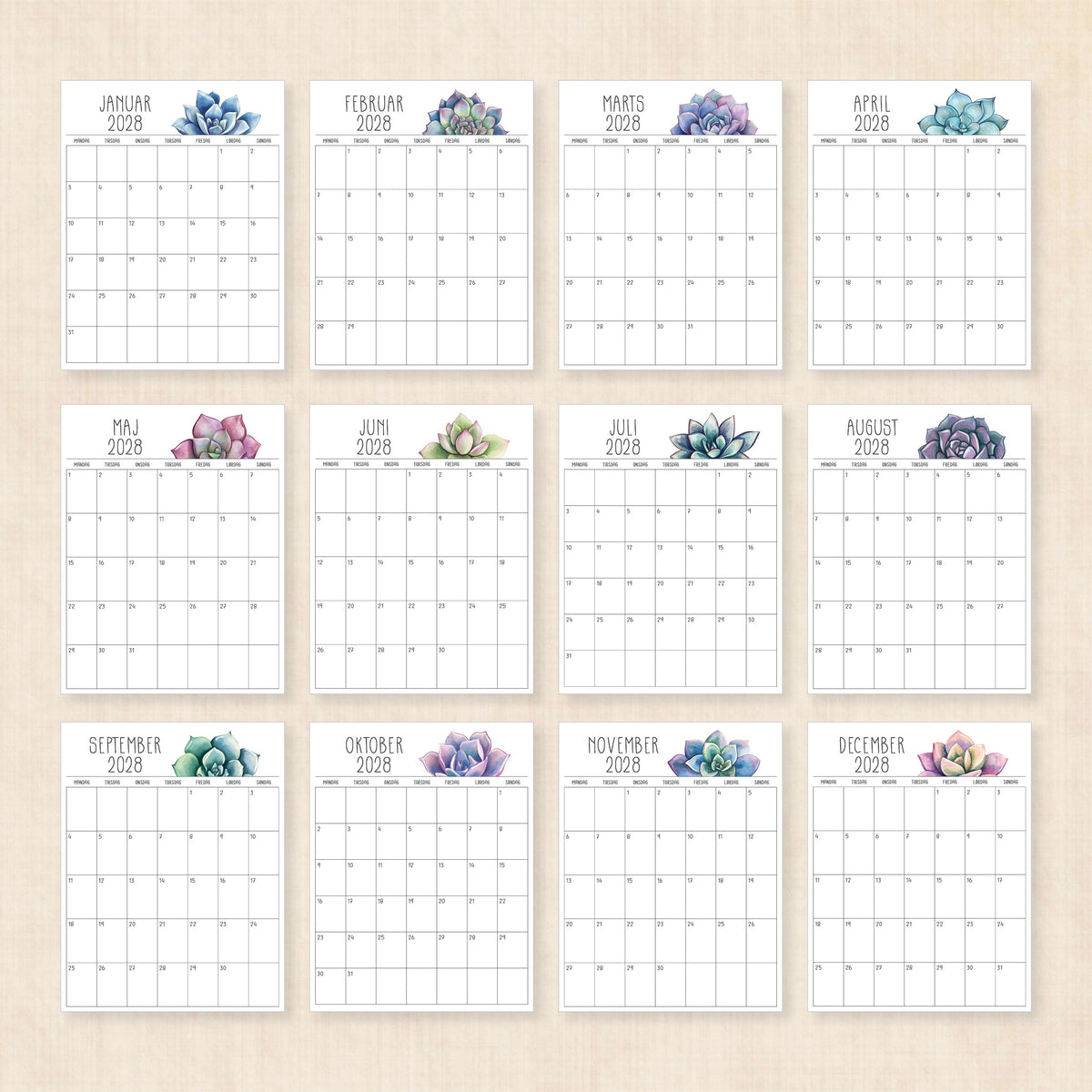 Kalender 2028 print selv: Sunkissed Succulents