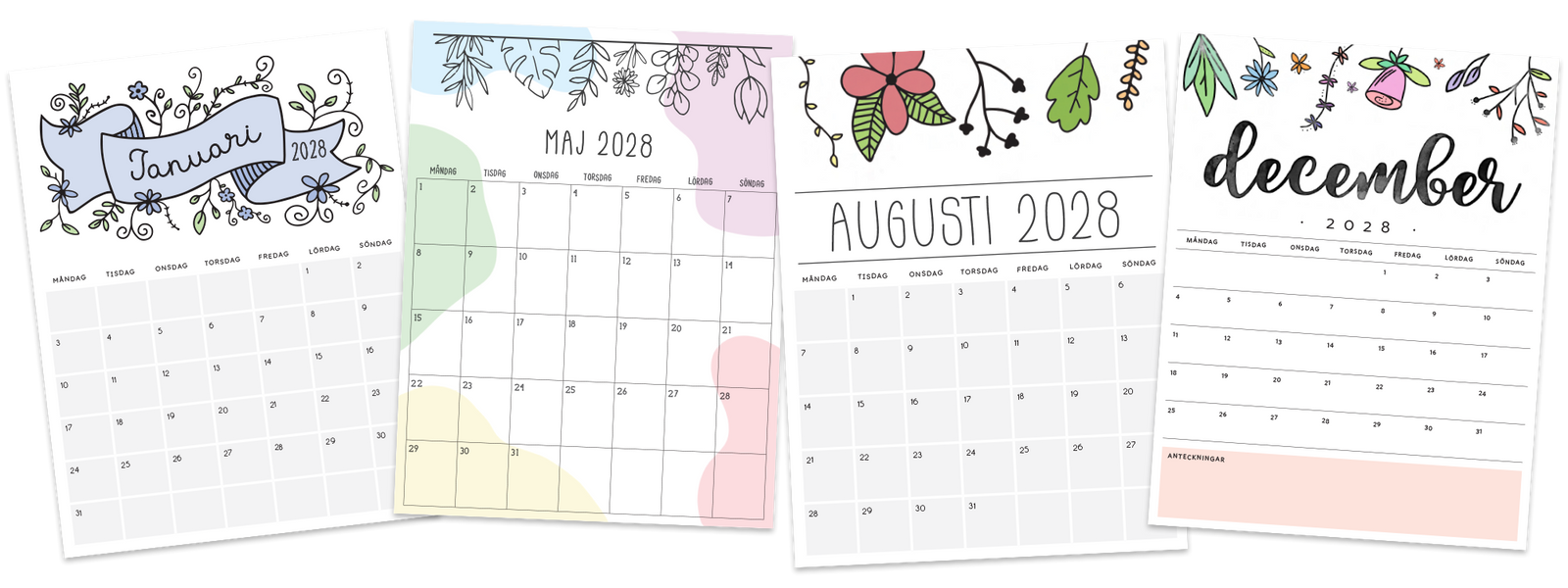 Kalender 2028 att skriva svenska