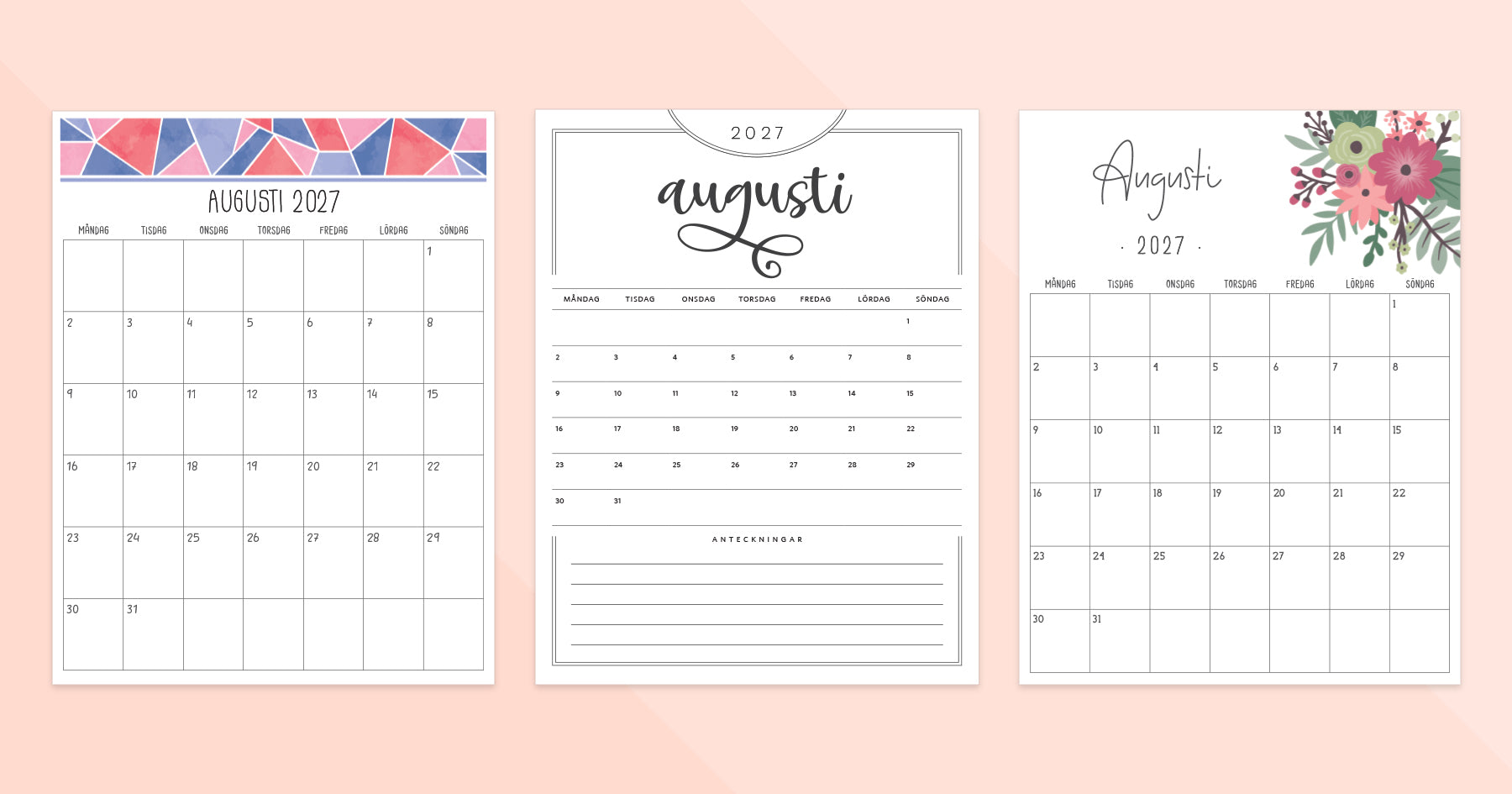 kalender augusti 2027 utskrift