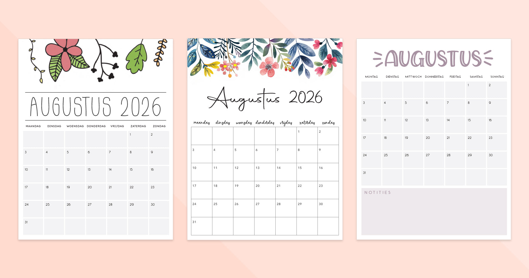 Kalender augustus 2026 · PDF-sjablonen voor afdrukken