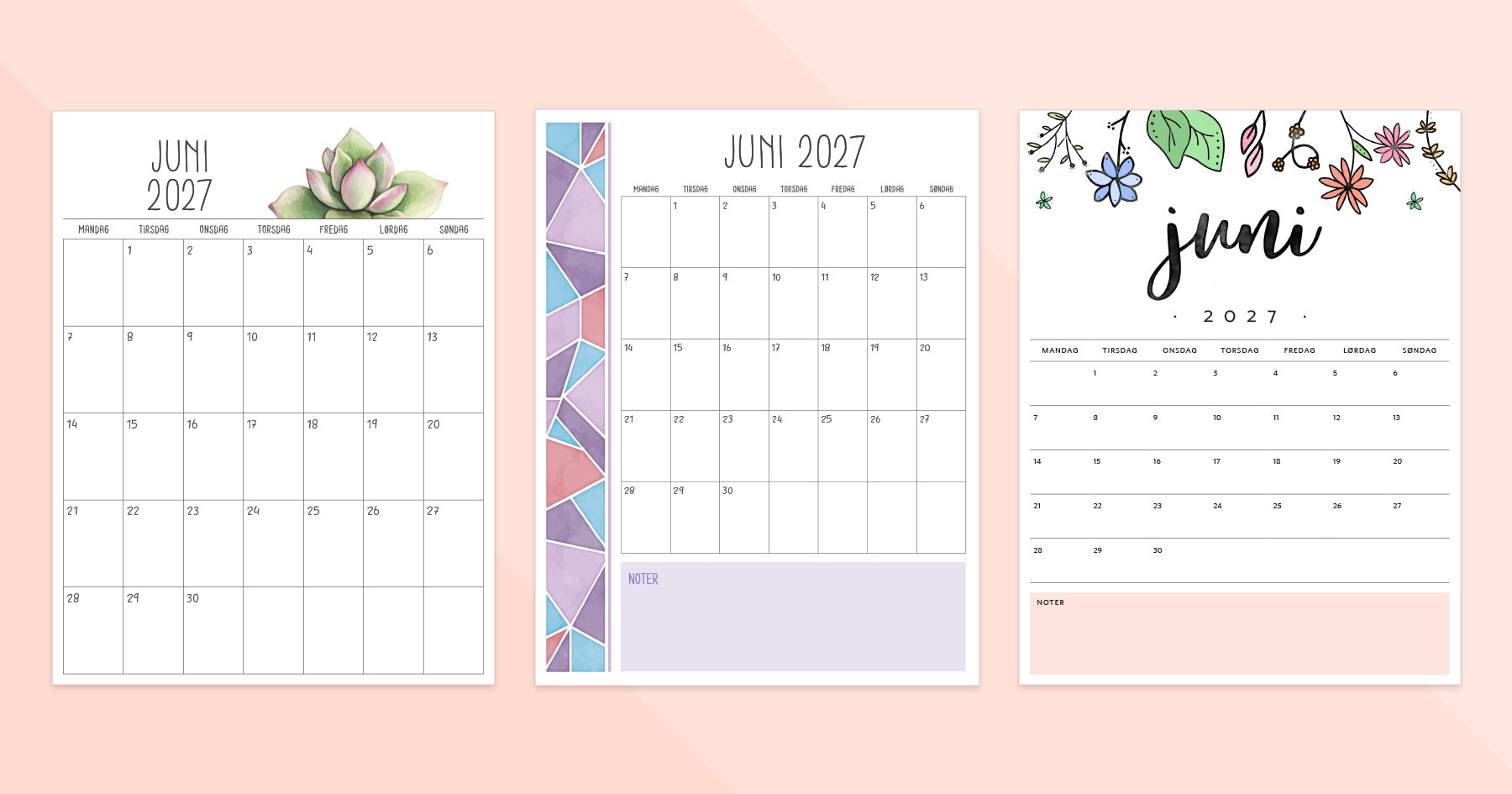 kalender juni 2027 print selv