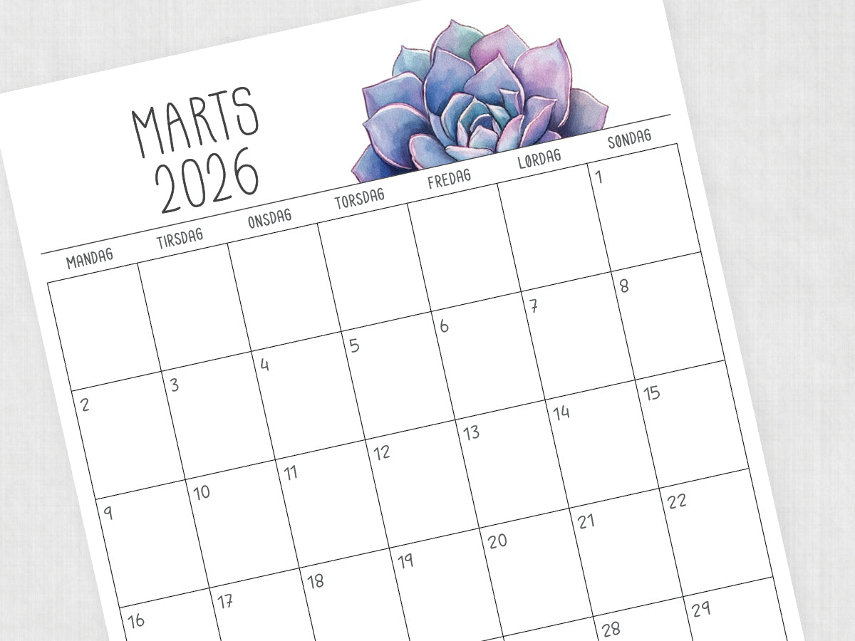 kalender marts 2026 print selv