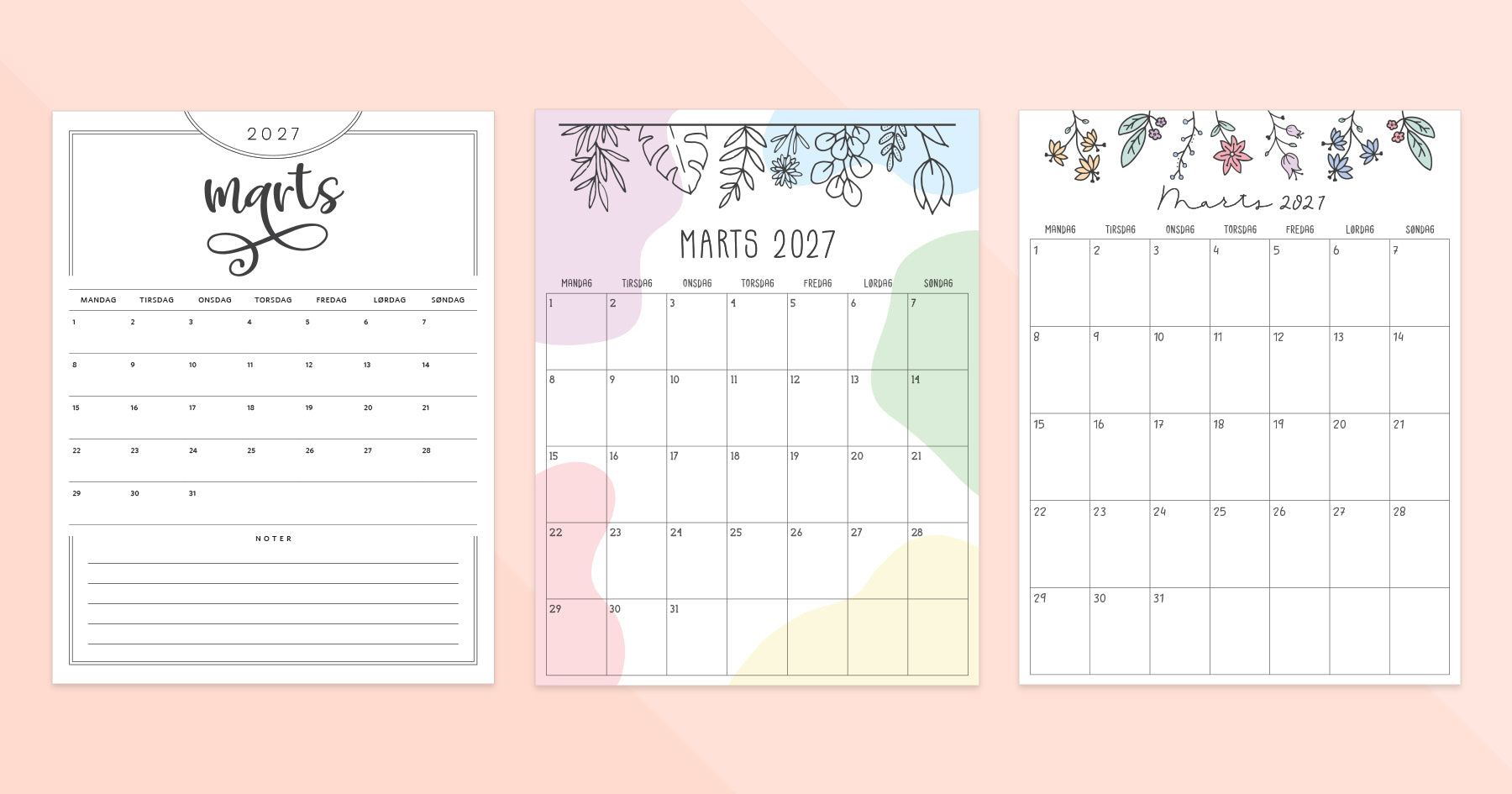 kalender marts 2027 print selv