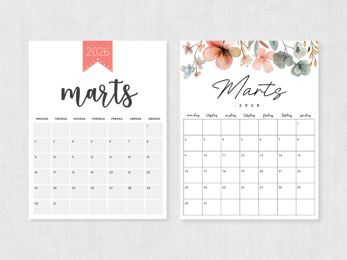 kalender til print marts 2026