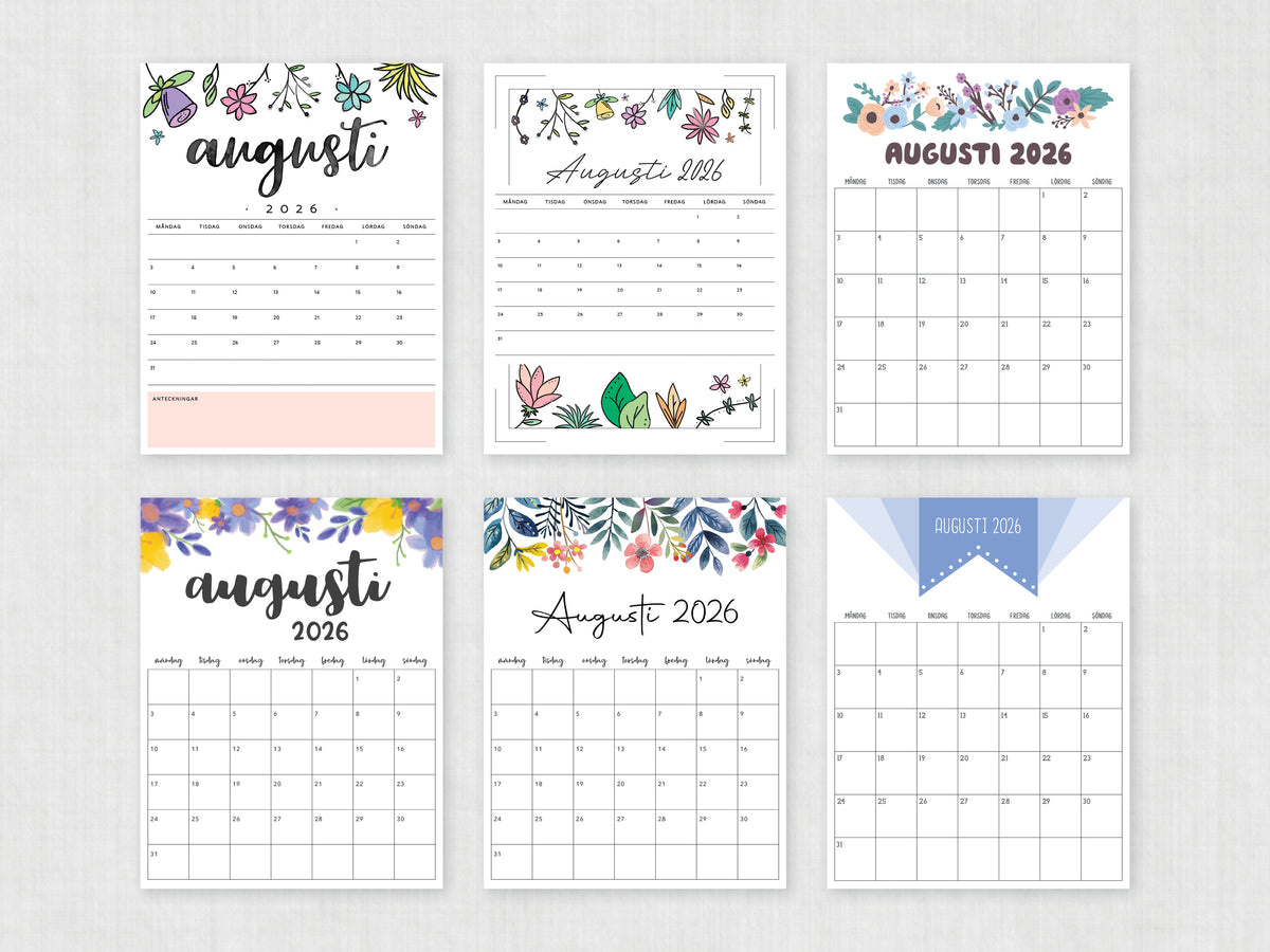 kalender augusti 2026 utskrift