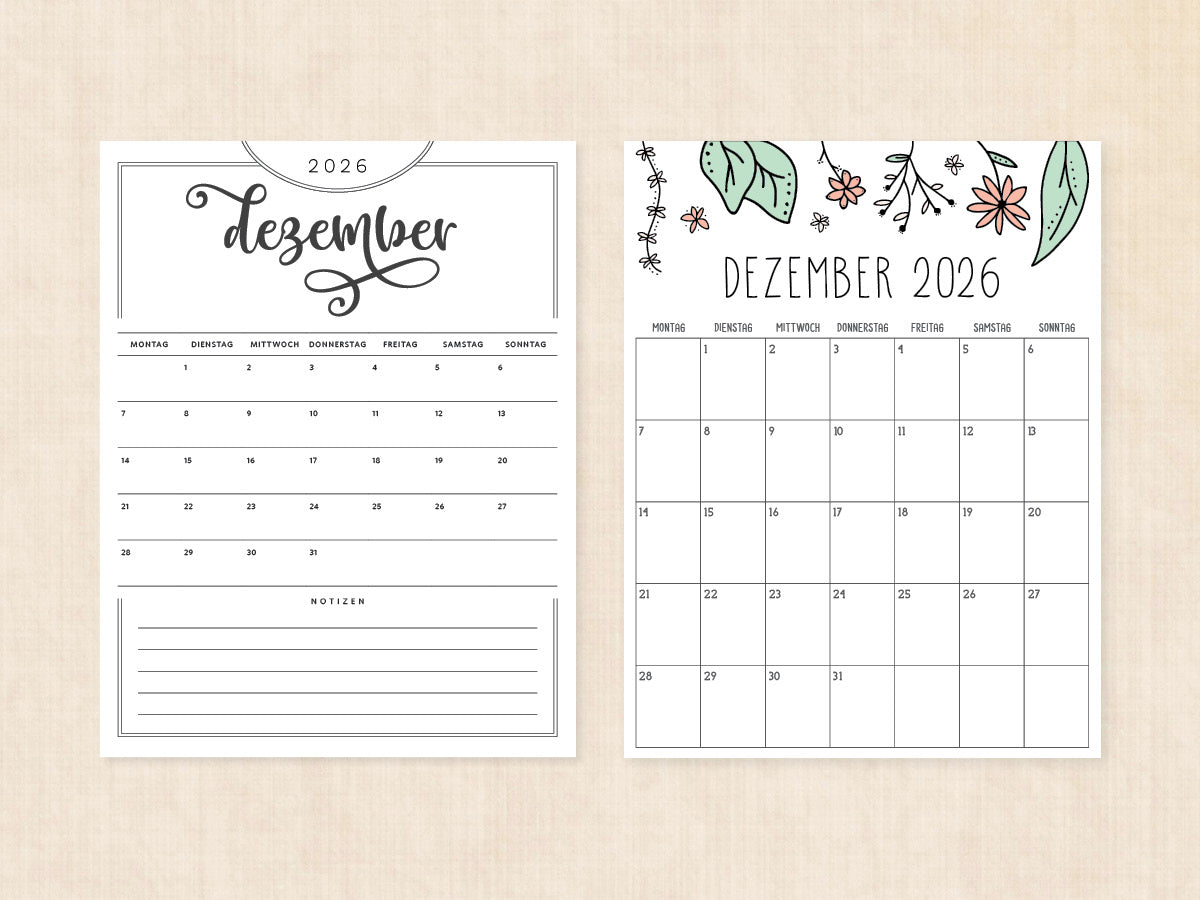 leerer kalender dezember 2026
