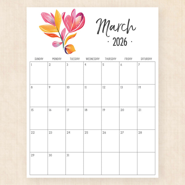 march 2026 calendar hibiscus harmony