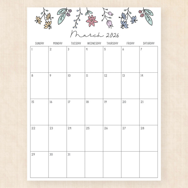 march 2026 calendar wildflower whimsy