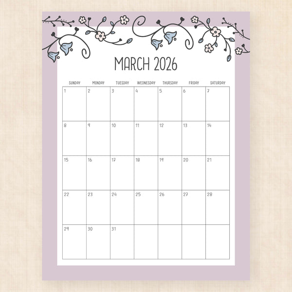 march 2026 calendar vintage vines