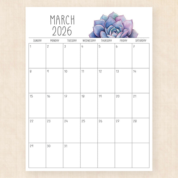 march 2026 calendar sunkissed succulents