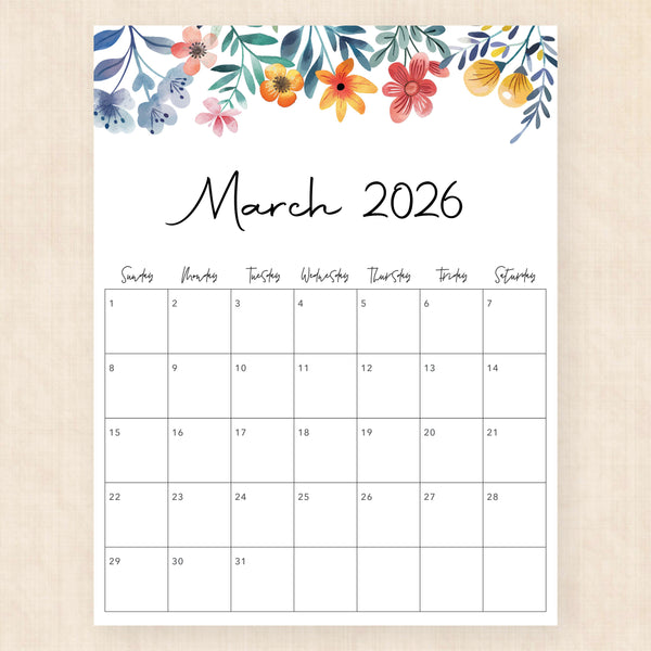 march 2026 calendar floral fantasy