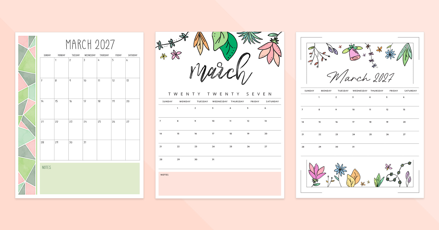 March 2027 Calendar · Printable PDF Templates March 2027 Calendar · Printable PDF Templates