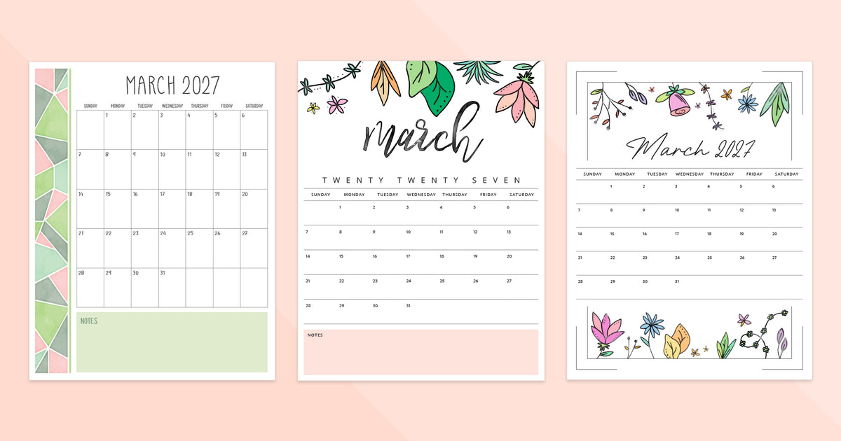 March 2027 Calendar · Printable PDF Templates
