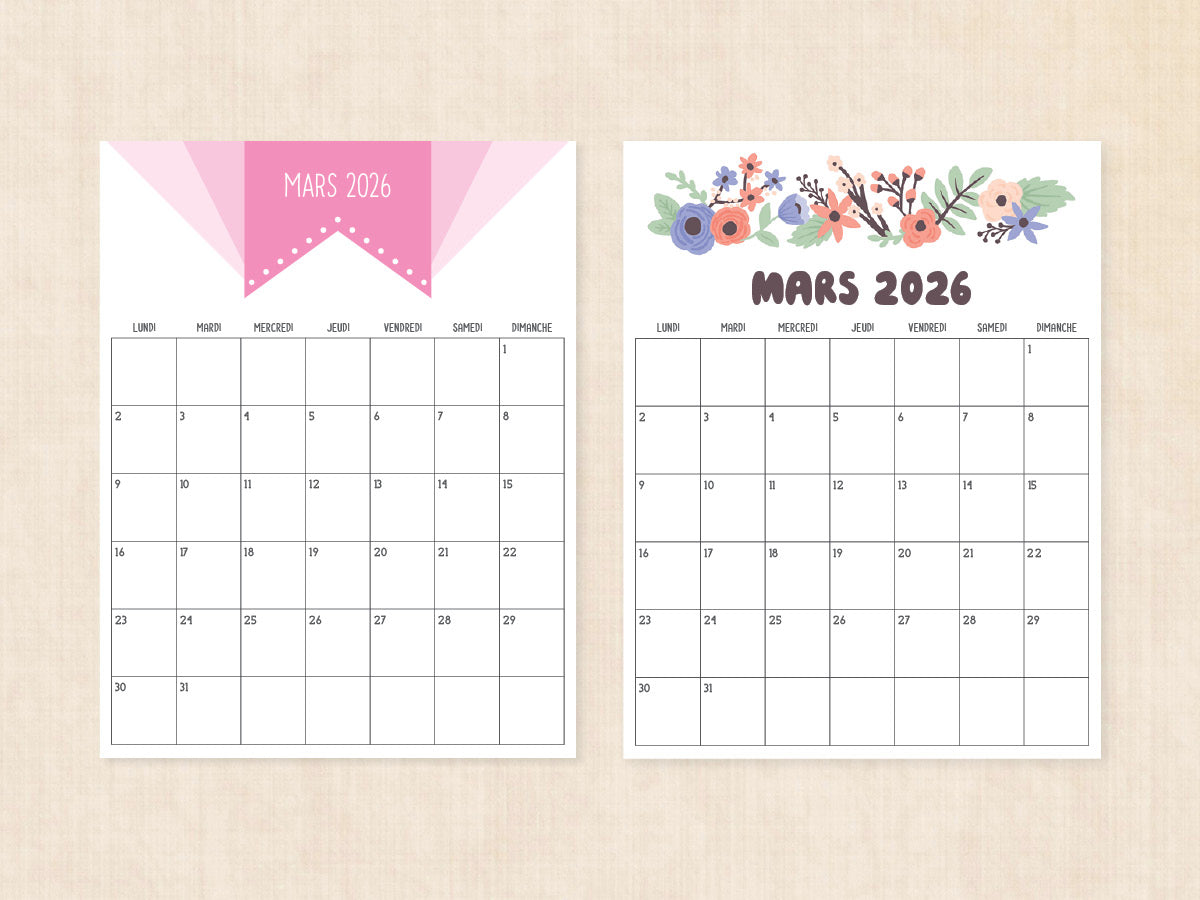 mars 2026 calendrier vierge