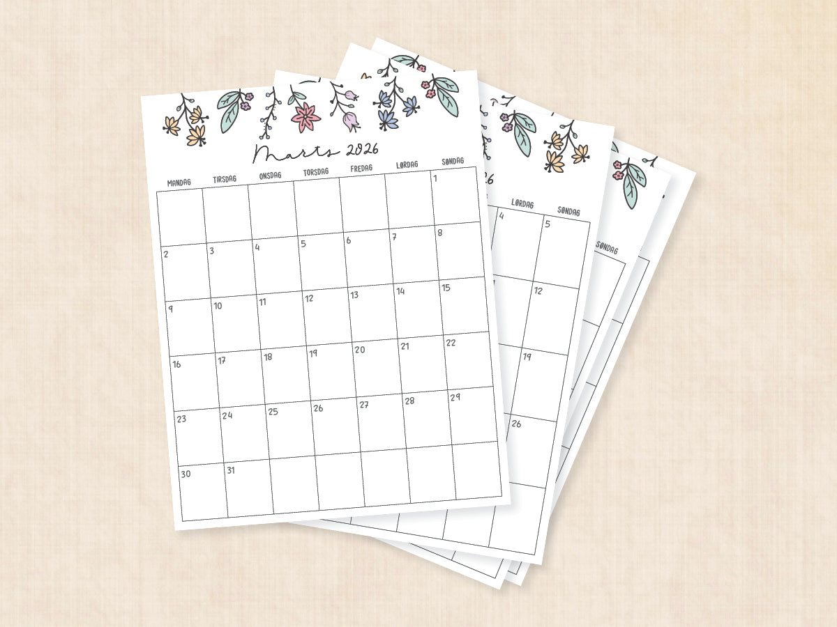 marts 2026 kalender dansk