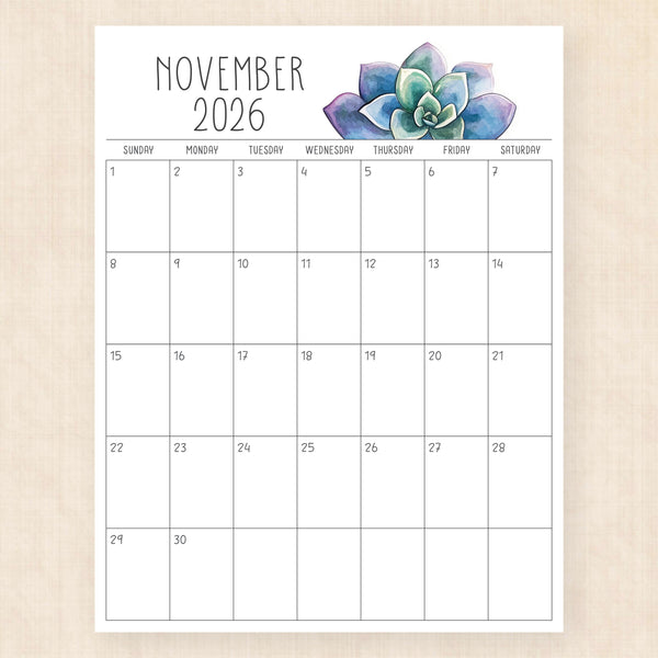 november 2026 calendar sunkissed succulents