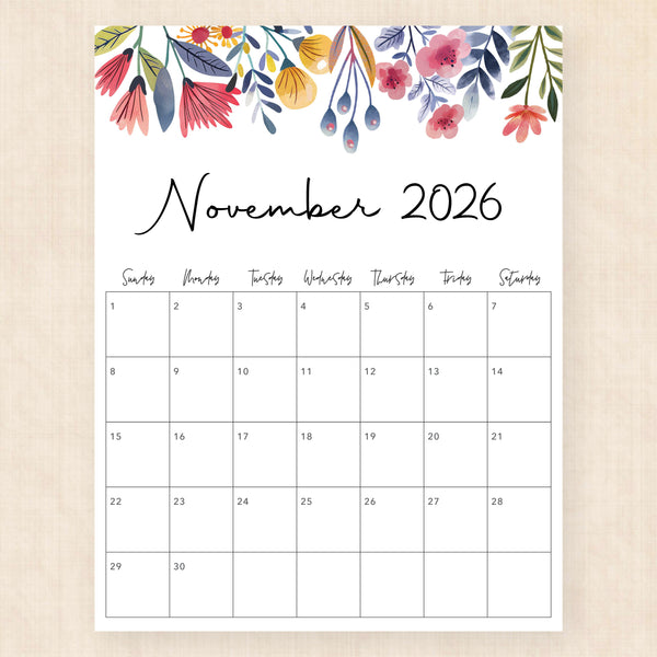 november 2026 calendar floral fantasy