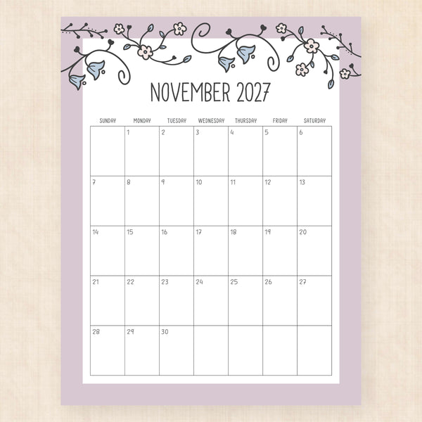 november 2027 calendar vintage vines