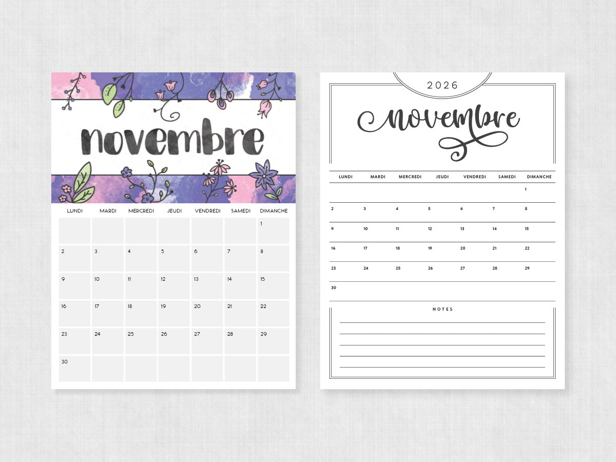 novembre 2026 calendrier à imprimer