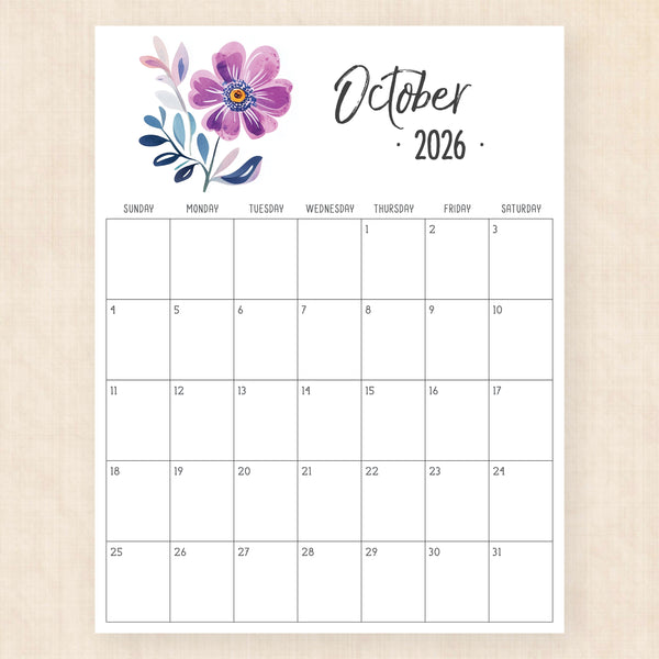 october 2026 calendar hibiscus harmony