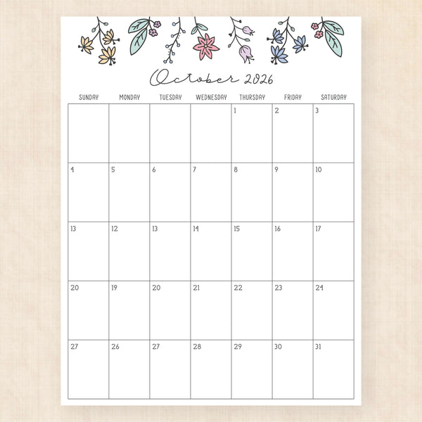 october 2026 calendar wildflower whimsy