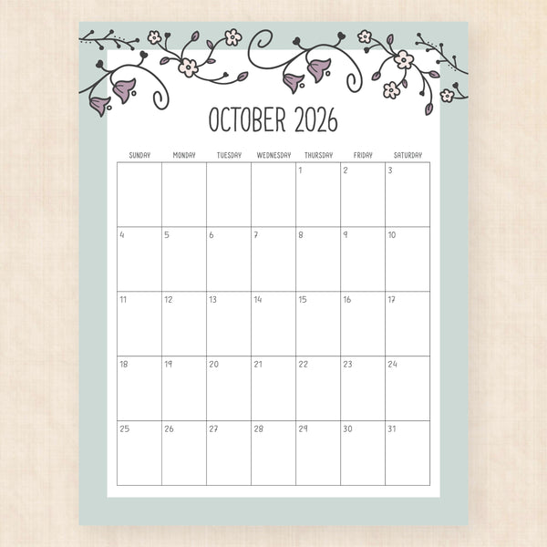 october 2026 calendar vintage vines