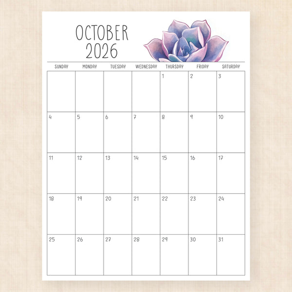 october 2026 calendar sunkissed succulents