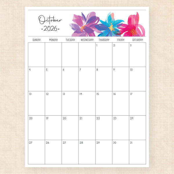 october 2026 calendar boho bougainvillea