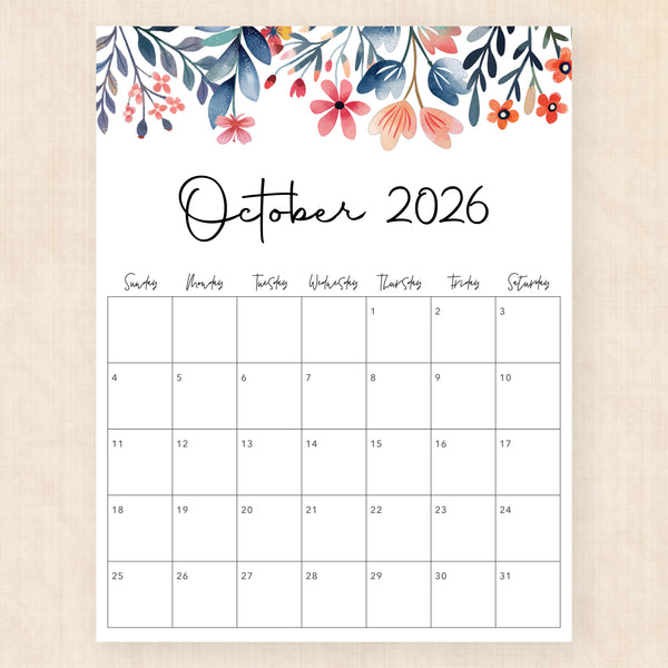 october 2026 calendar floral fantasy