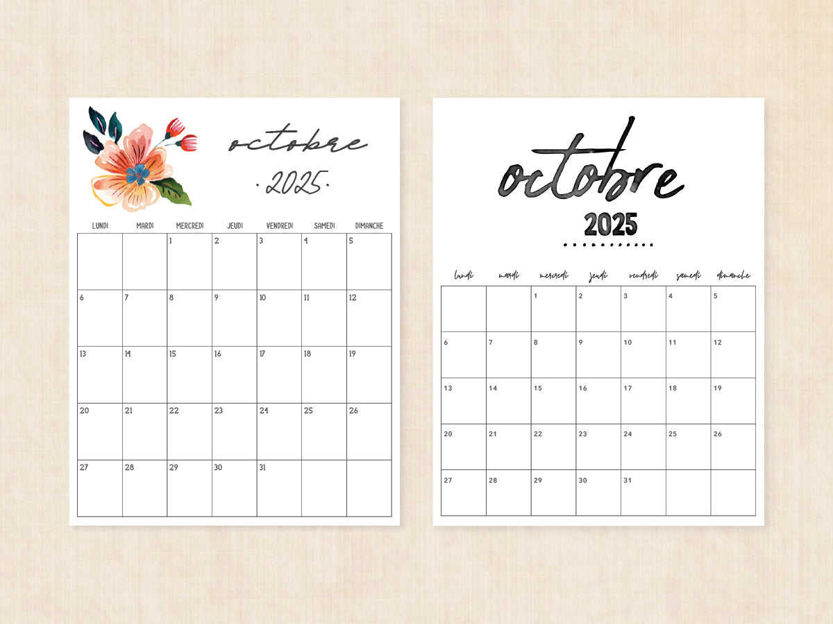 octobre 2025 calendrier vierge