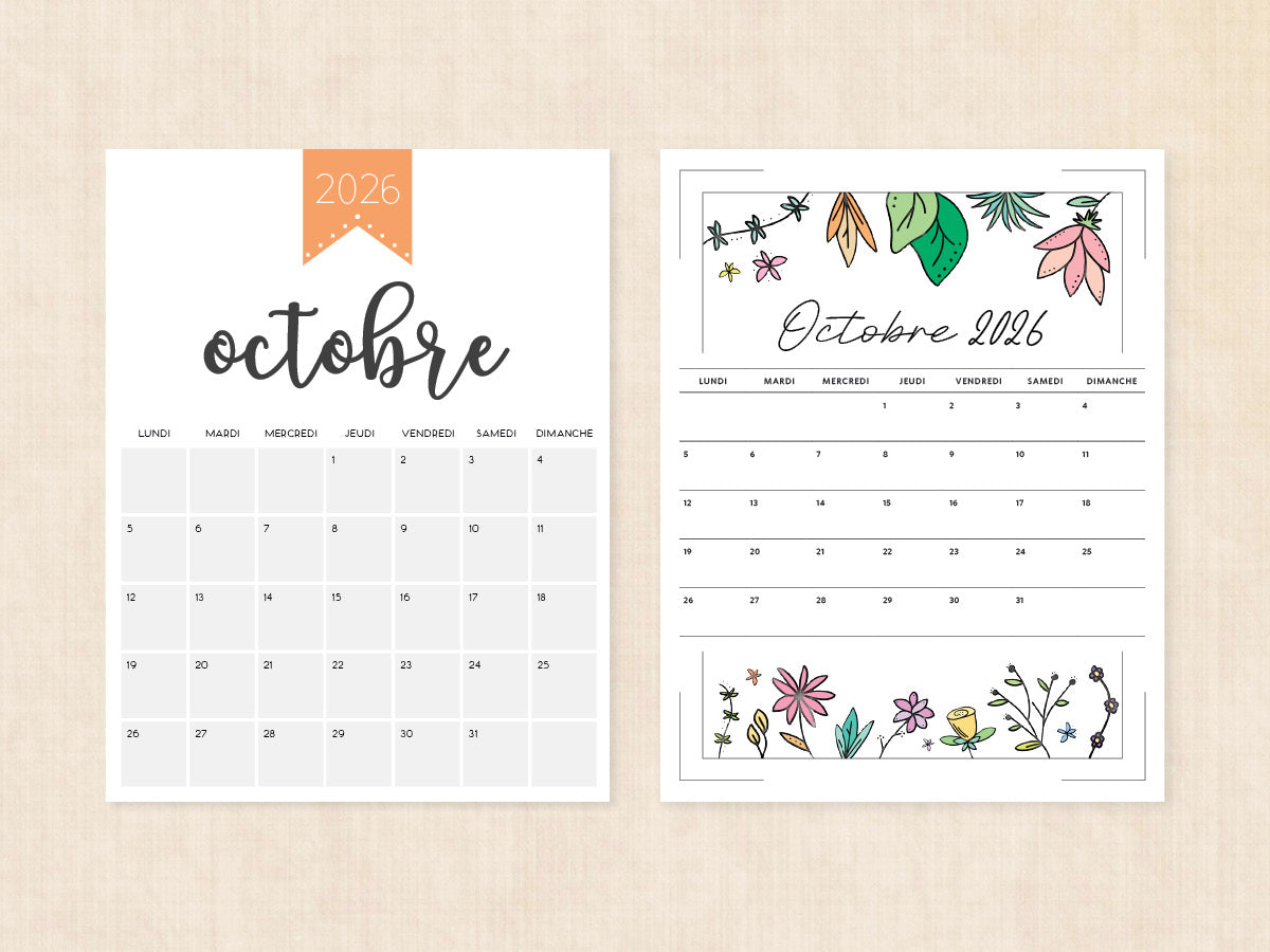 octobre 2026 calendrier vierge