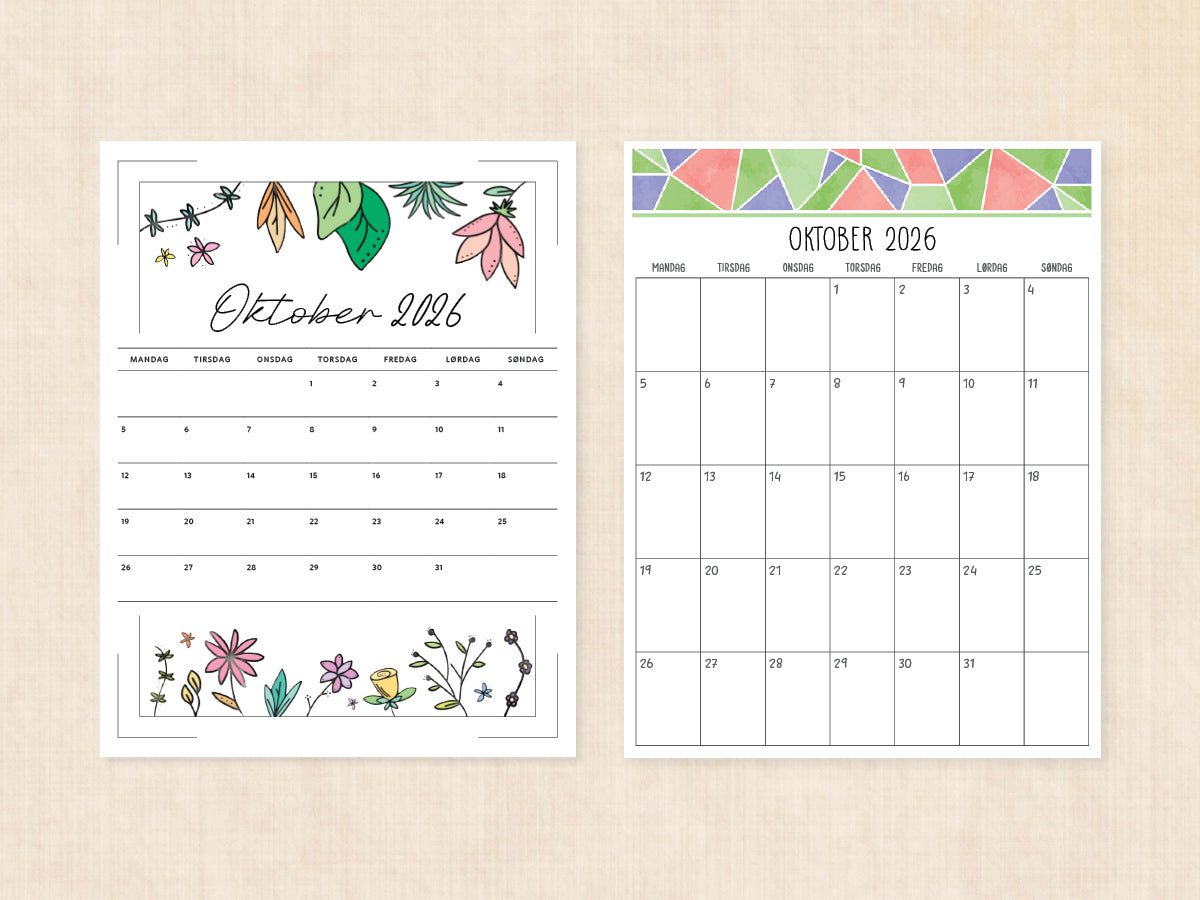 oktober 2026 kalender dansk