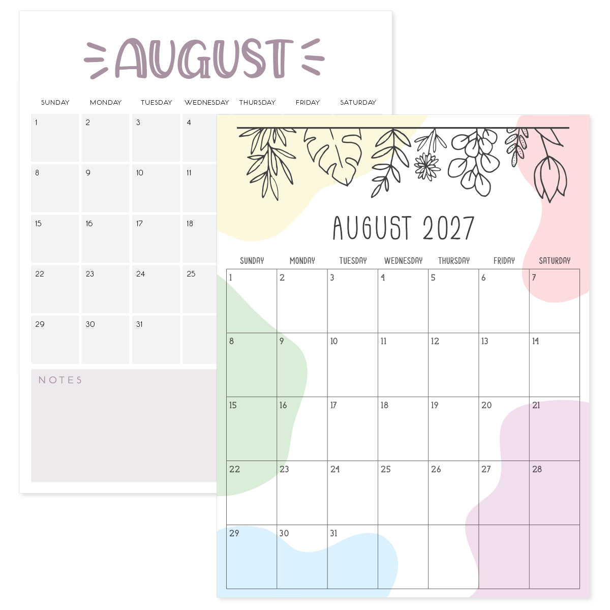 August 2027 Calendar · Printable PDF Templates August 2027 Calendar · Printable PDF Templates