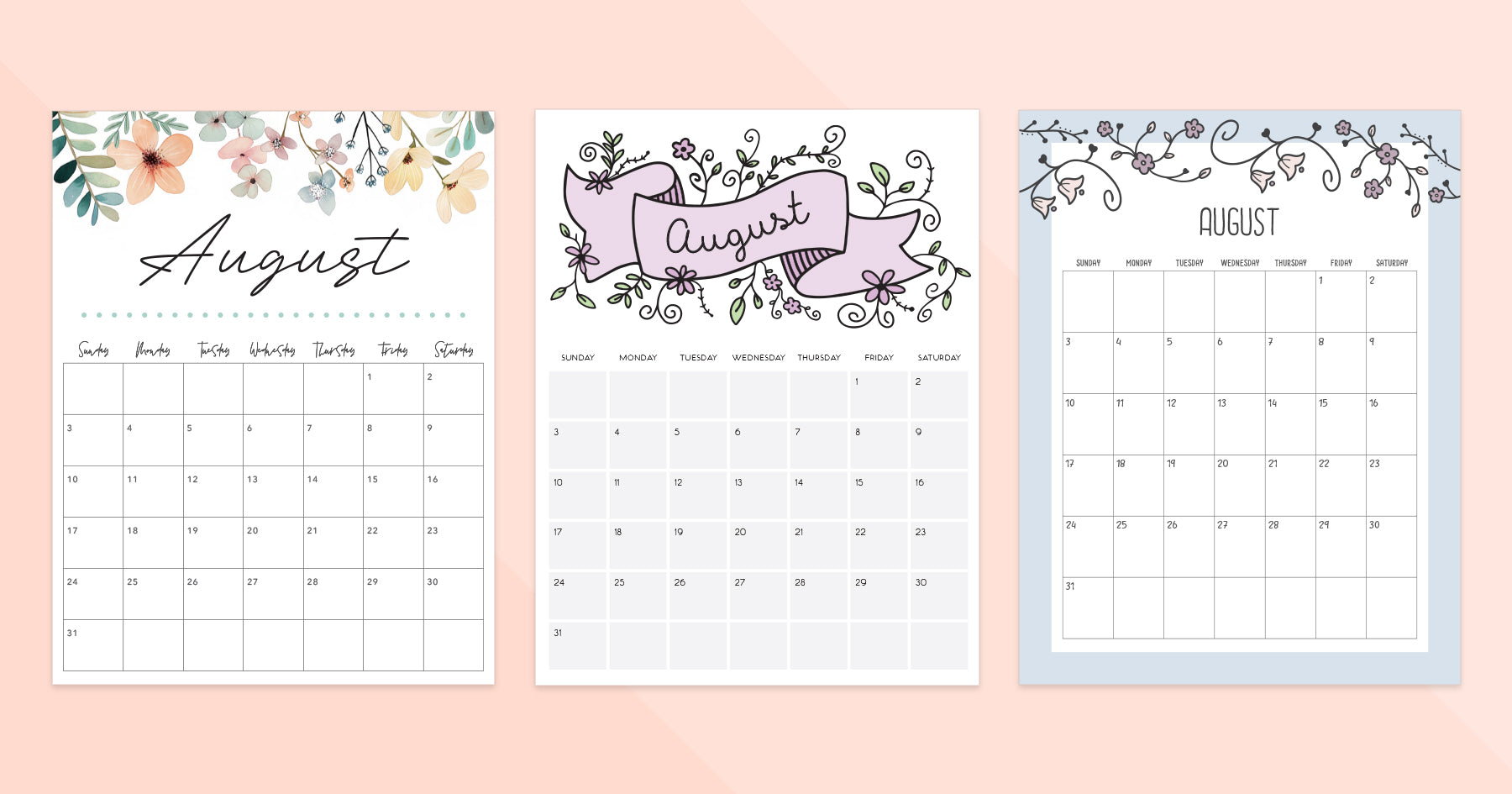 Spring August Calander Vertical Calendar August
