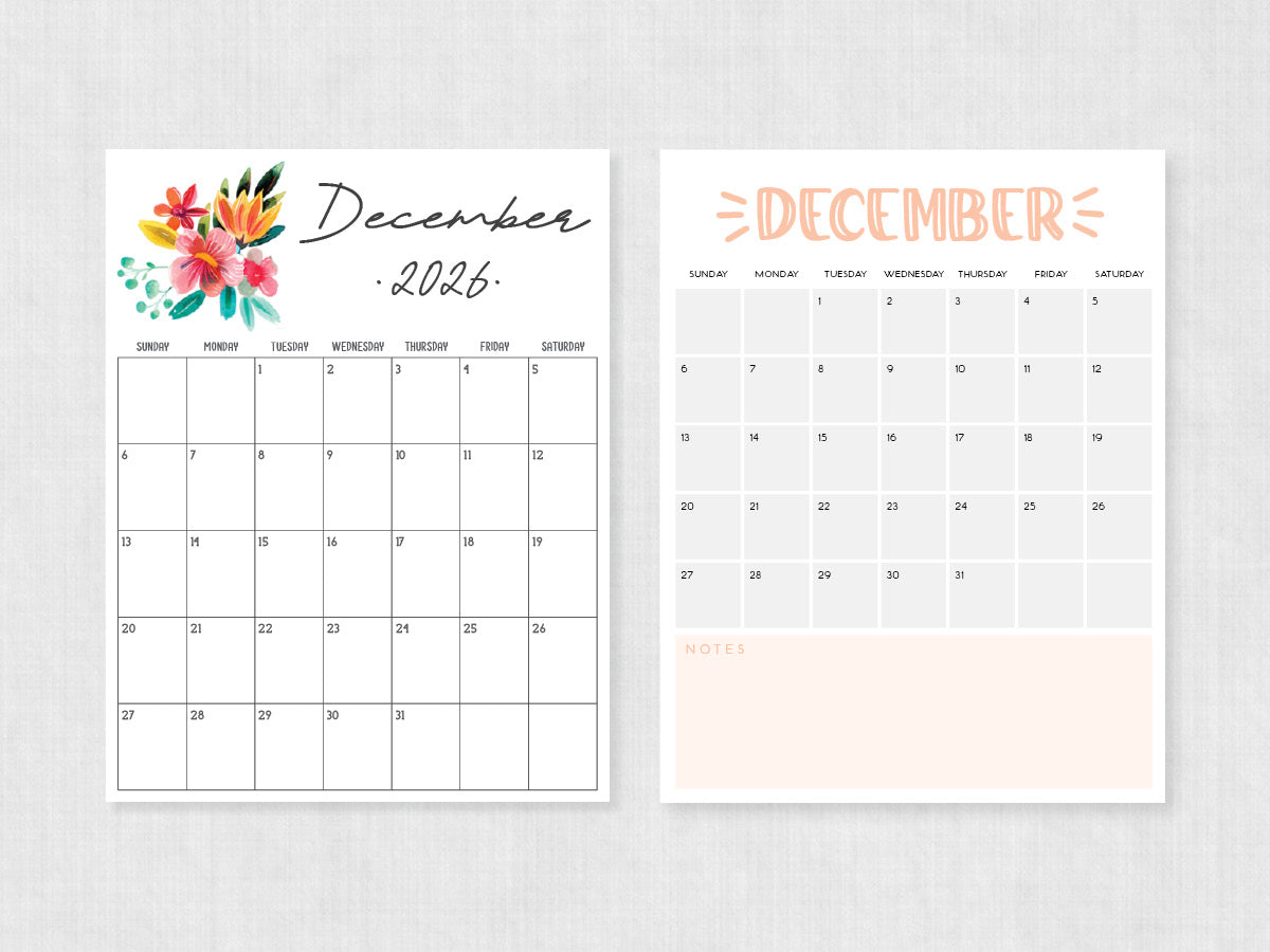 printable calendar december 2026