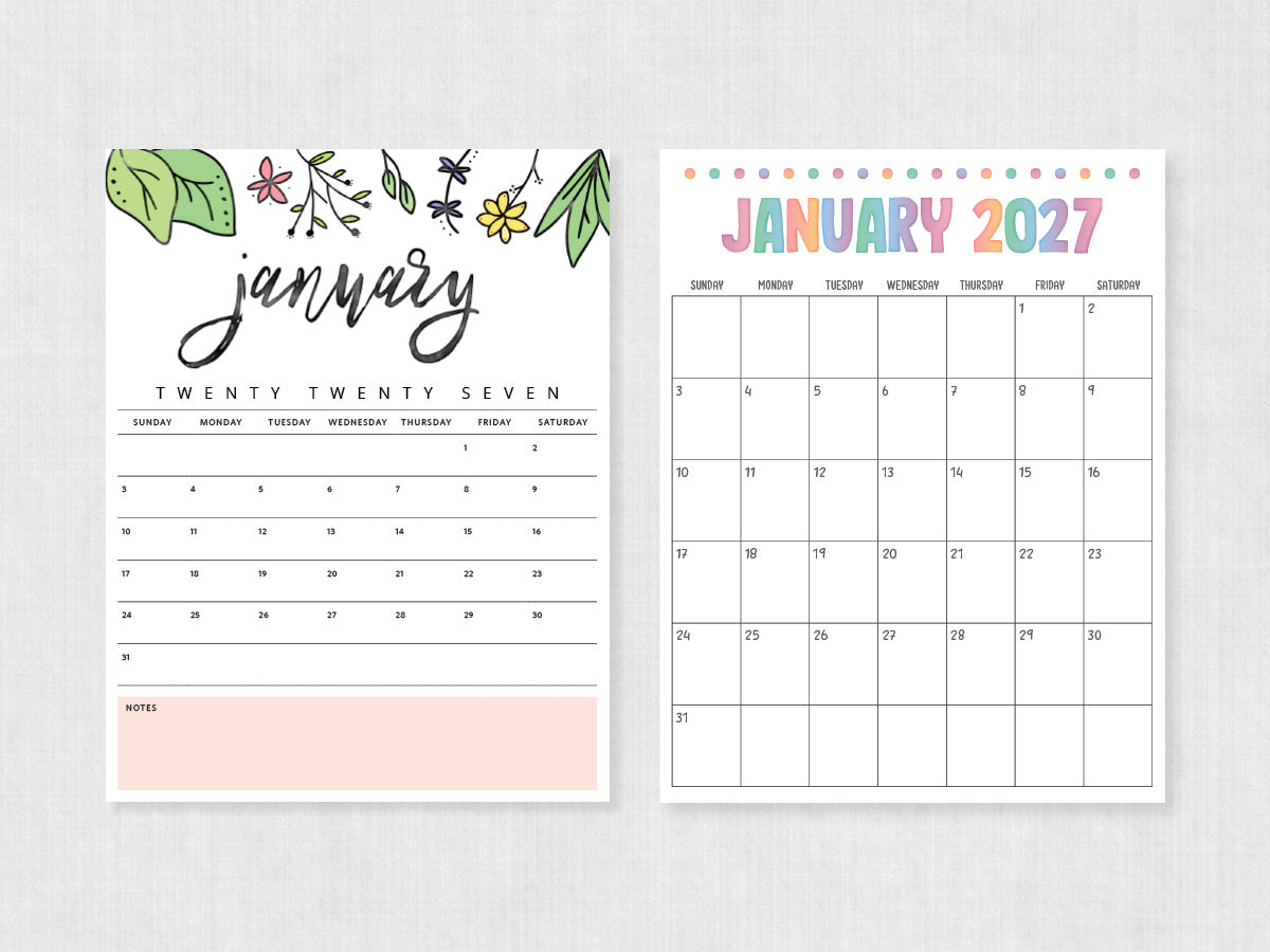 printable calendar january 2027