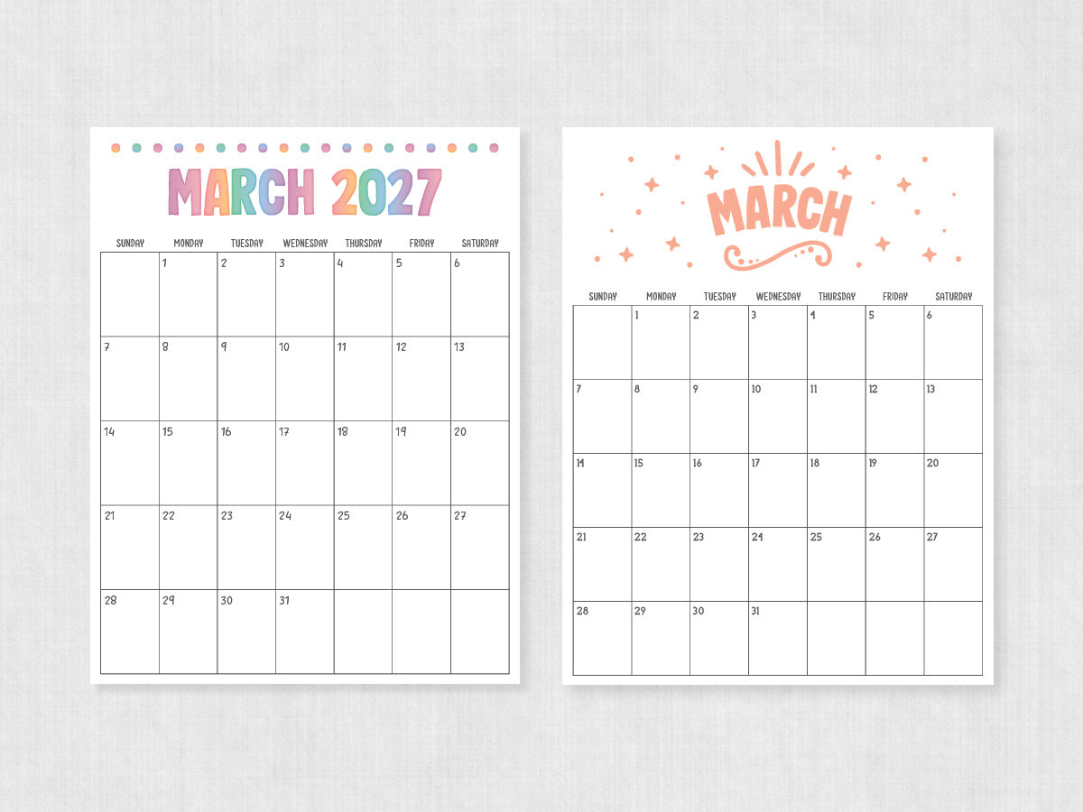 March 2027 Calendar · Printable PDF Templates