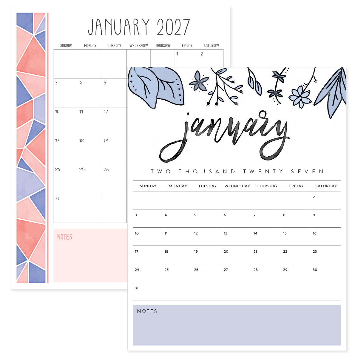 January 2027 Calendar · Printable PDF Templates January 2027 Calendar · Printable PDF Templates