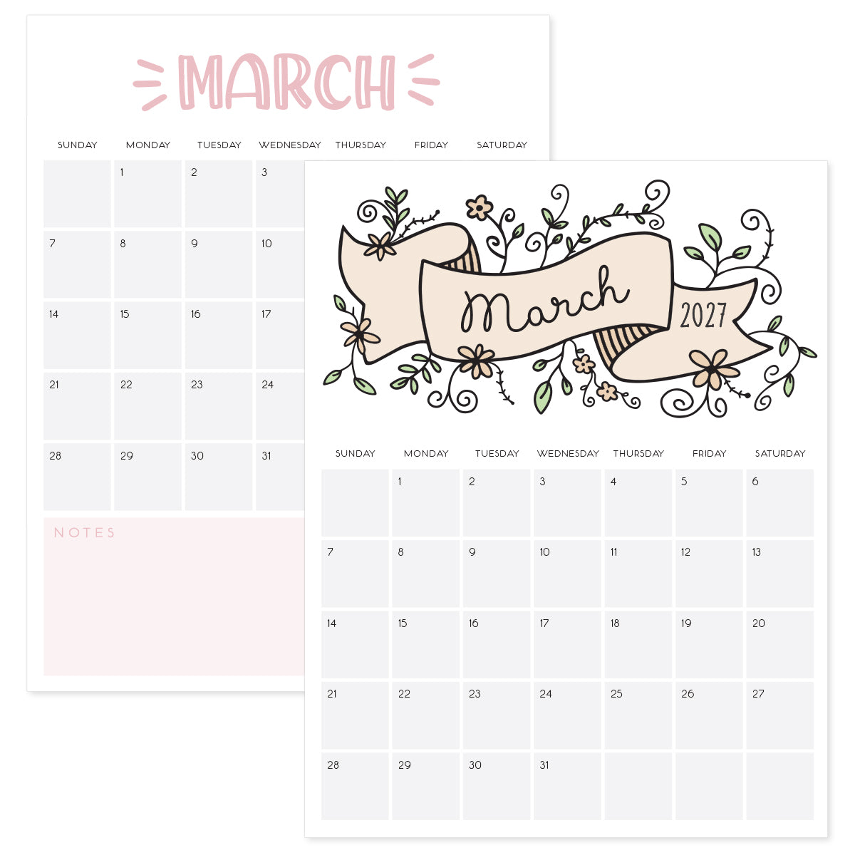 March 2027 Calendar · Printable PDF Templates