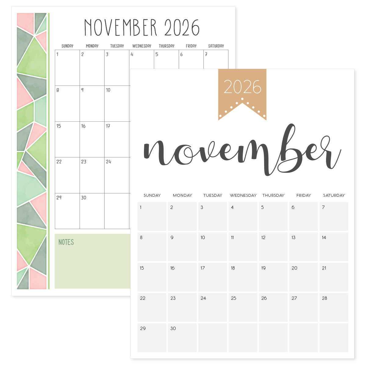 November 2026 calendar · printable pdf templates