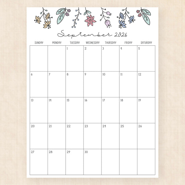 september 2026 calendar wildflower whimsy