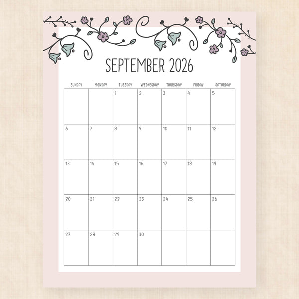 september 2026 calendar vintage vines
