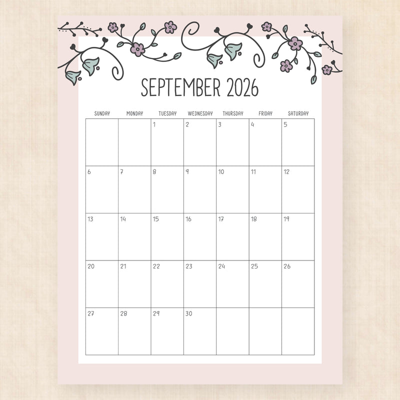 september 2026 calendar vintage vines