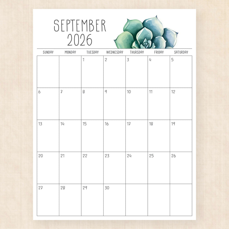 september 2026 calendar sunkissed succulents