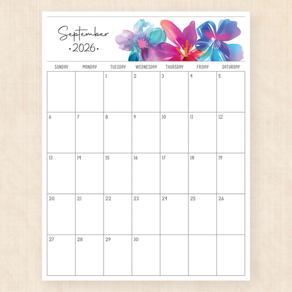 september 2026 calendar boho bougainvillea